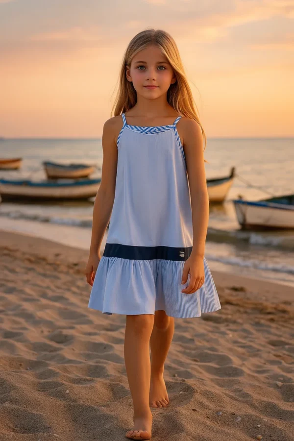 Vestido playero de rayas azul claro para niña