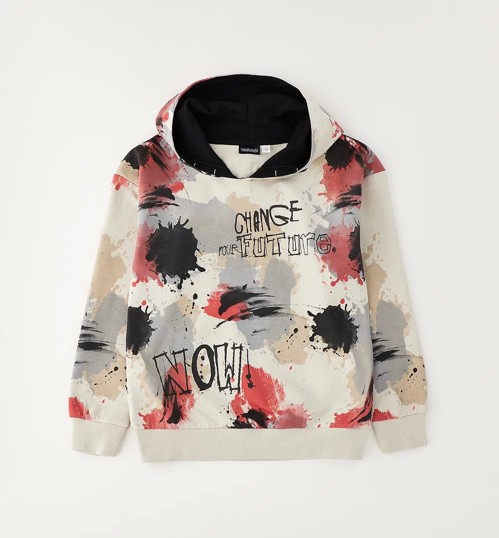 Sudadera con capucha chico Sarabanda estampada multicolor 3 Sudadera con capucha chico Sarabanda en color crudo con estampado abstracto
