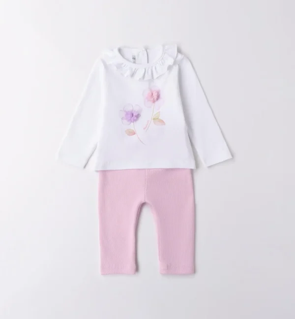 Conjunto bebé niña malva con flores Minibanda con camiseta blanca floral y leggings malvas acanalados