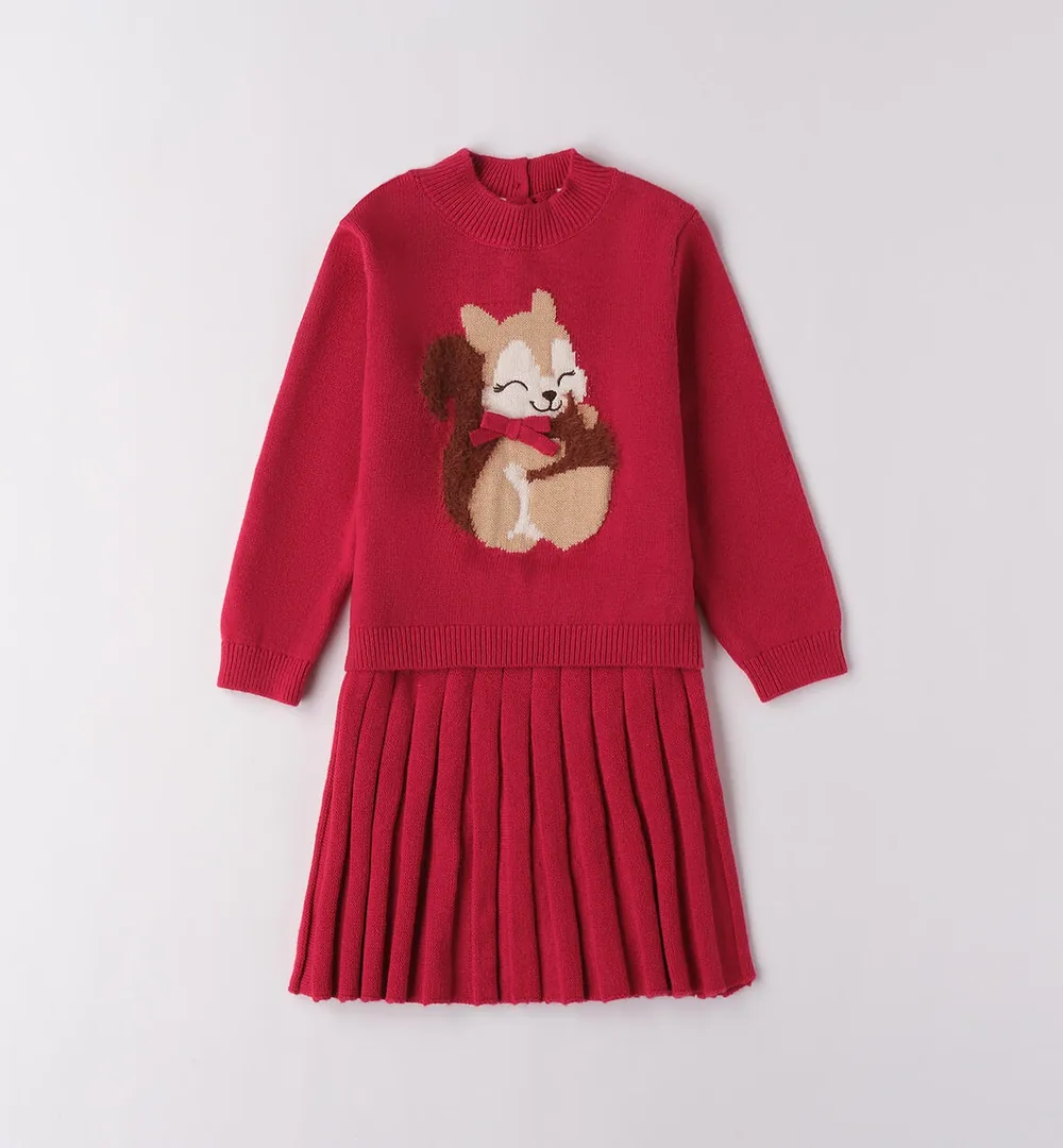 Conjunto de punto niña magenta con ardilla y falda plisada 3 conjunto de punto niña