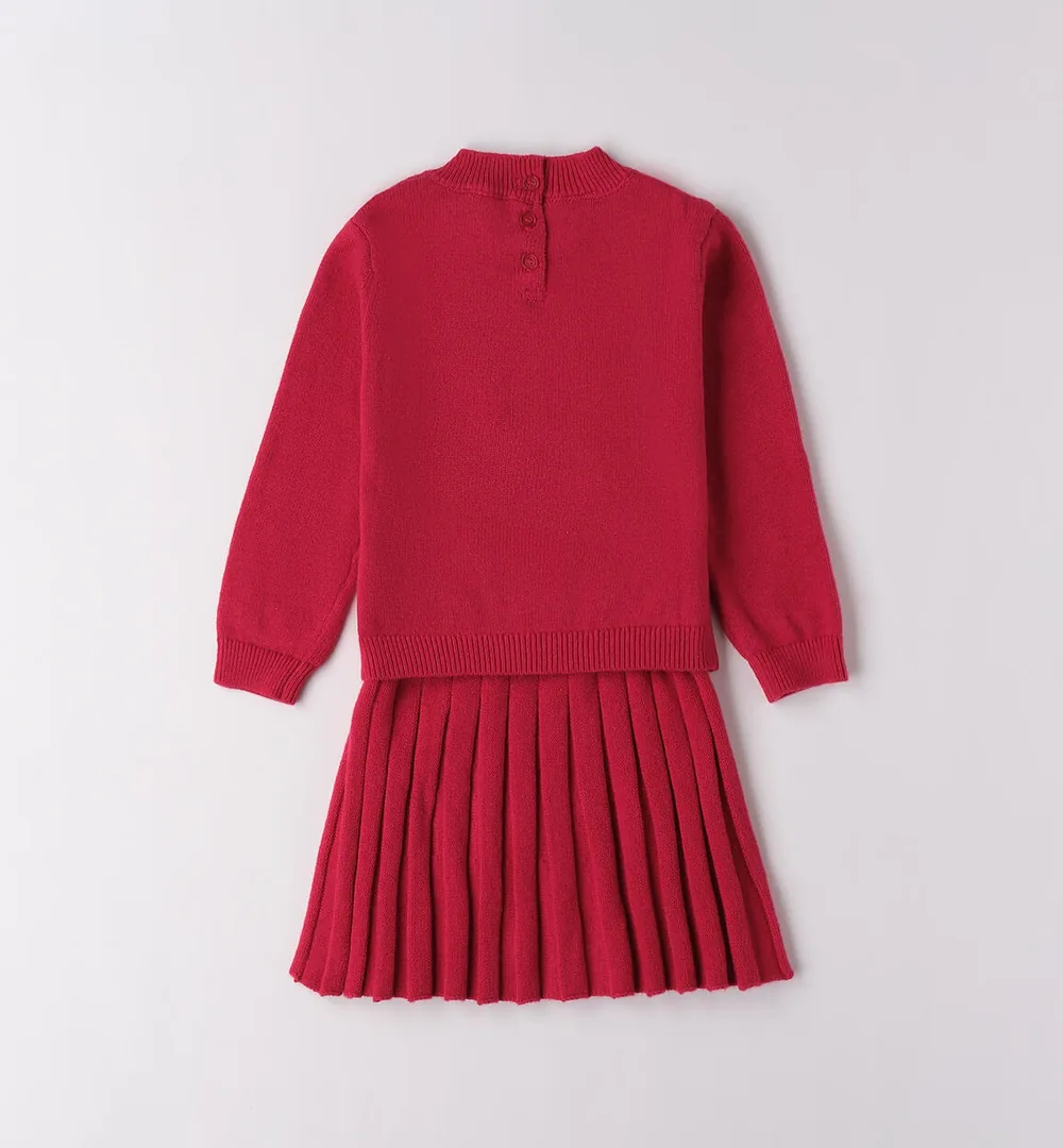Conjunto de punto niña magenta con ardilla y falda plisada 5 conjunto de punto niña