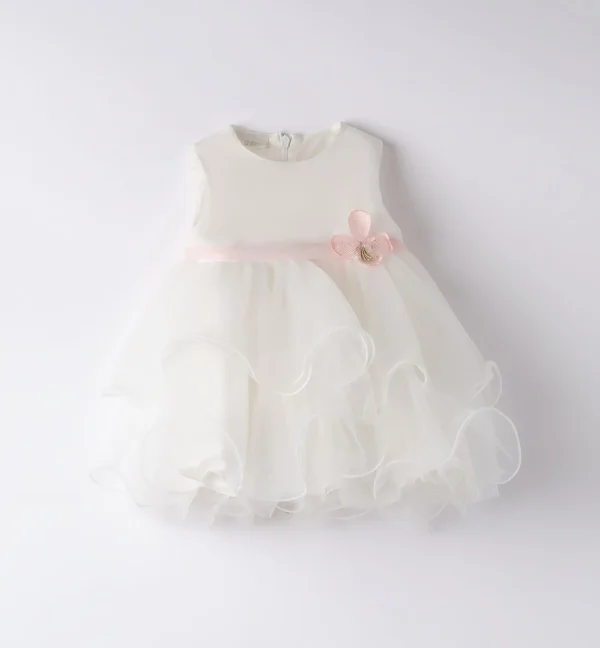 Vestido ceremonia blanco de tul y cinturón rosa para bebé niña