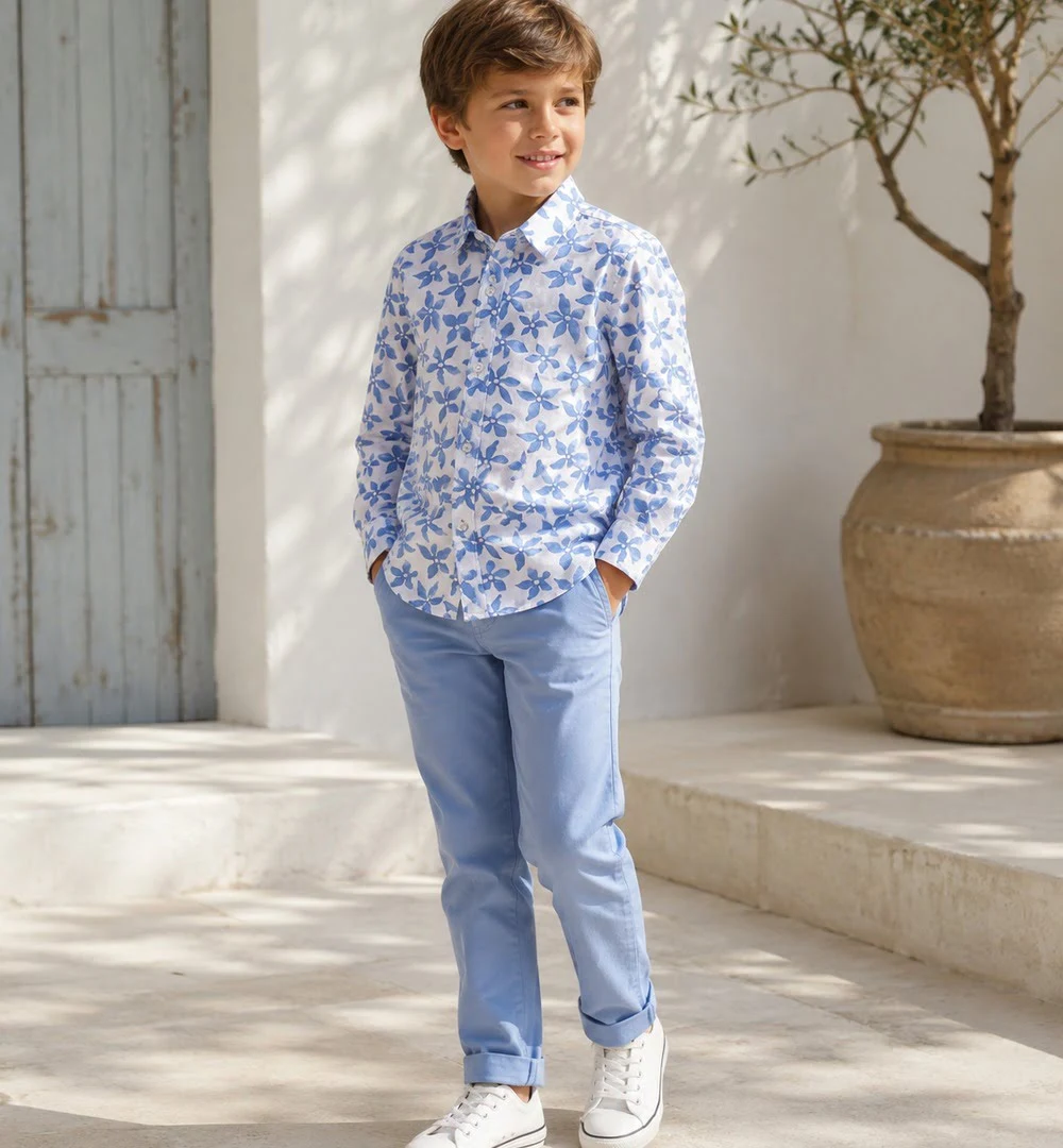 Camisa flores niño blanca y azul iDO 1 camisa flores niño